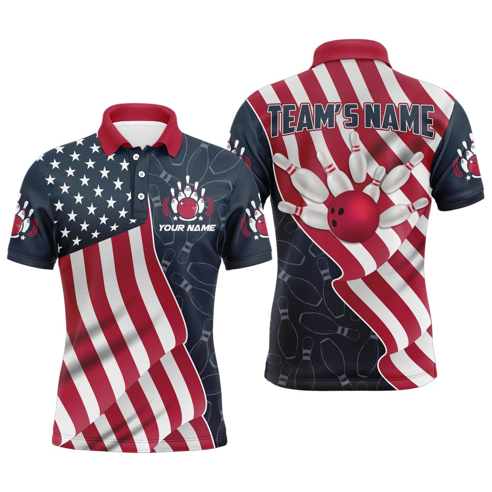 Custom Bowling Polo Shirts, American Flag Bowling Jersey For Men Custom Polo Bowling Shirt Patriotic Bowling Shirt For Team