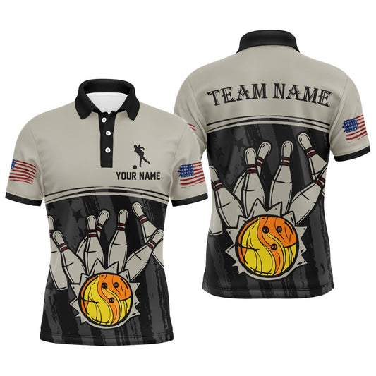 Custom Bowling Polo Shirts, American Flag Bowling Jersey For Men Patriotic Bowling Shirt Team League Bowling Polo Shirt