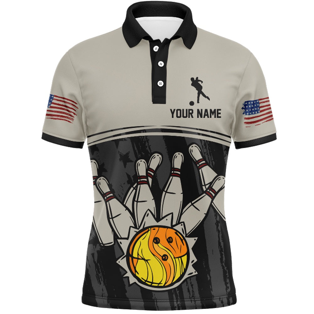 Custom Bowling Polo Shirts, American Flag Bowling Jersey For Men Patriotic Bowling Shirt Team League Bowling Polo Shirt