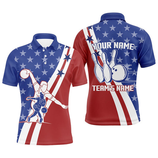 Custom Bowling Polo Shirts, American Flag Bowling Jersey For Men Personalized Bowling Polo Shirt Patriotic Bowling Team Shirt