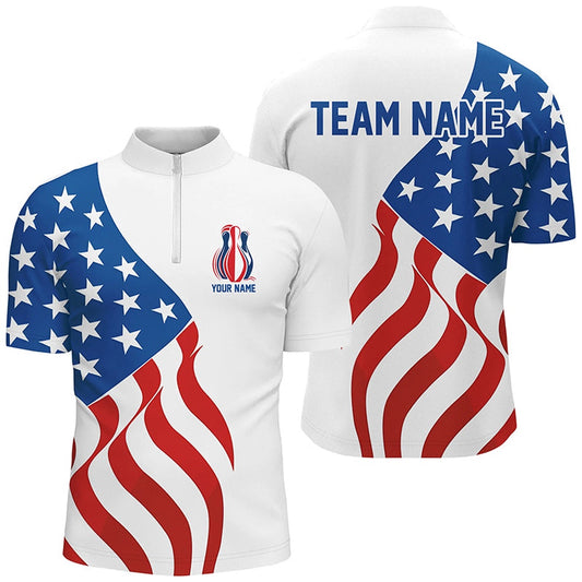 Custom Bowling Polo Shirts, American Flag Bowling Pins Custom Bowling Team Shirts Men And Women, Patriotic Bowling Jerseys