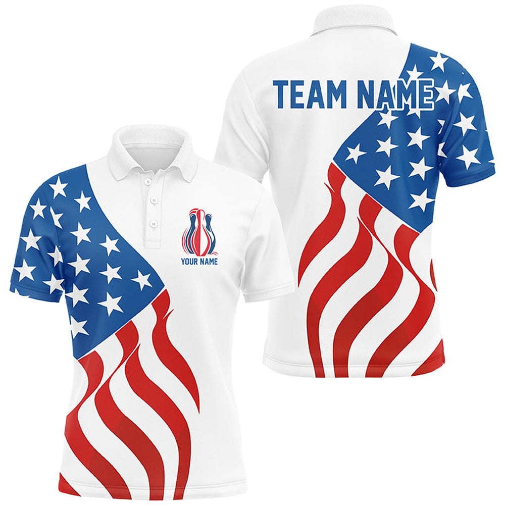 Custom Bowling Polo Shirts, American Flag Bowling Pins Custom Bowling Team Shirts Men And Women, Patriotic Bowling Jerseys