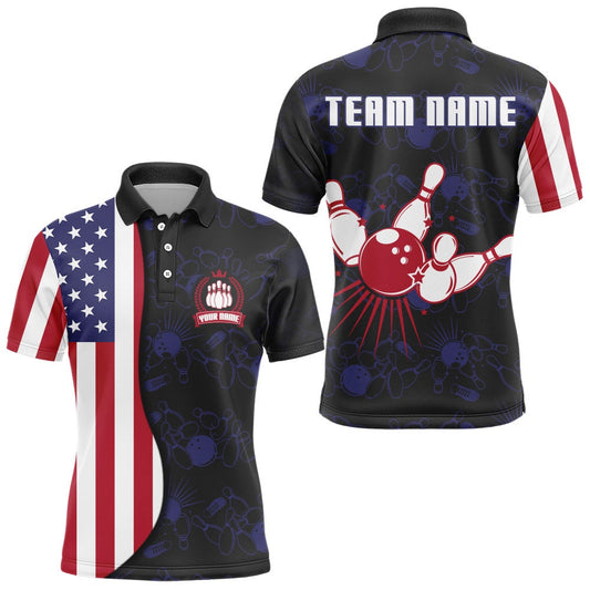 Custom Bowling Polo Shirts, American Flag Bowling Polo Shirt Custom Navy Bowling Jersey Men Patriotic Bowling Shirt