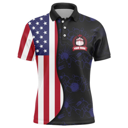 Custom Bowling Polo Shirts, American Flag Bowling Polo Shirt Custom Navy Bowling Jersey Men Patriotic Bowling Shirt