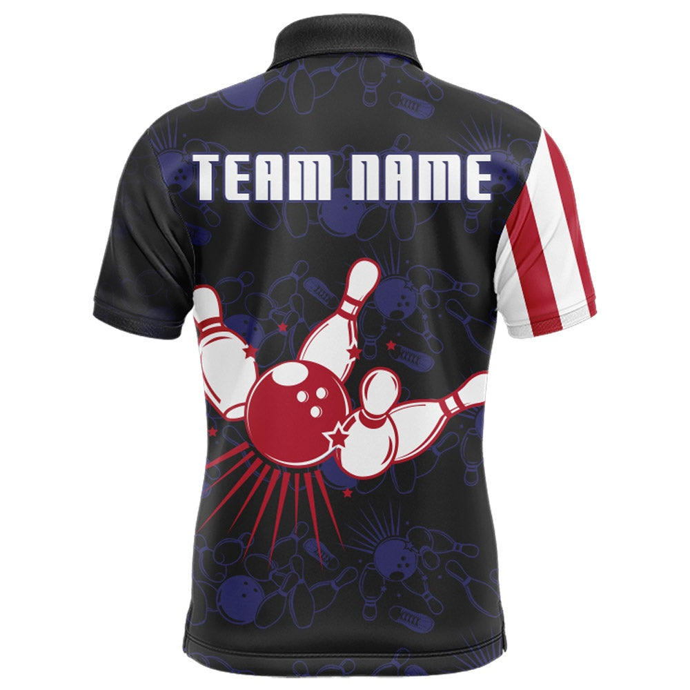 Custom Bowling Polo Shirts, American Flag Bowling Polo Shirt Custom Navy Bowling Jersey Men Patriotic Bowling Shirt