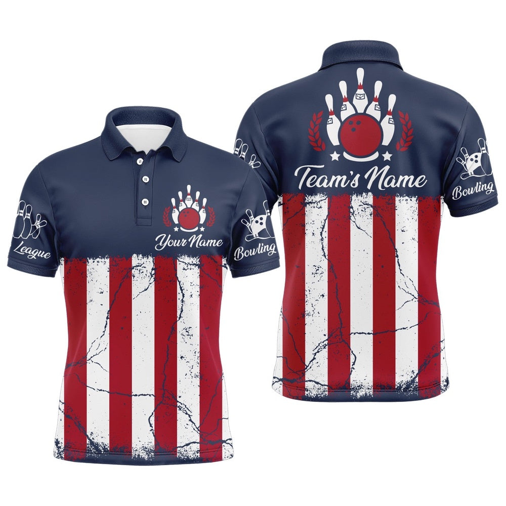 Custom Bowling Polo Shirts, American Flag Bowling Polo Shirt For Men Custom Bowling Team Jersey Navy Bowling Shirt