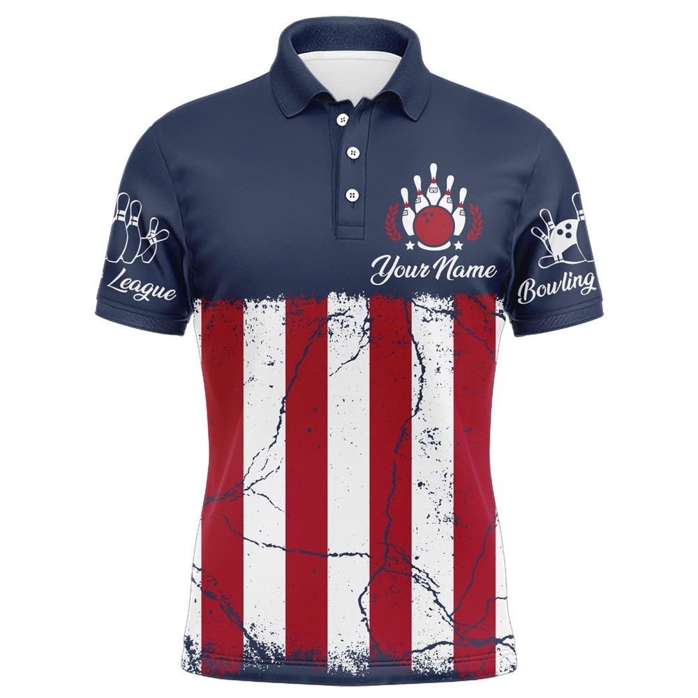 Custom Bowling Polo Shirts, American Flag Bowling Polo Shirt For Men Custom Bowling Team Jersey Navy Bowling Shirt