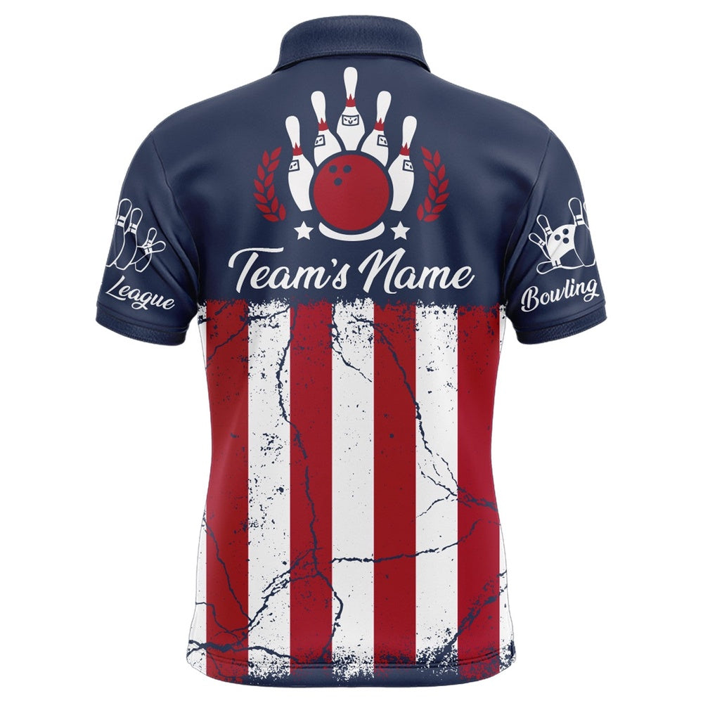 Custom Bowling Polo Shirts, American Flag Bowling Polo Shirt For Men Custom Bowling Team Jersey Navy Bowling Shirt