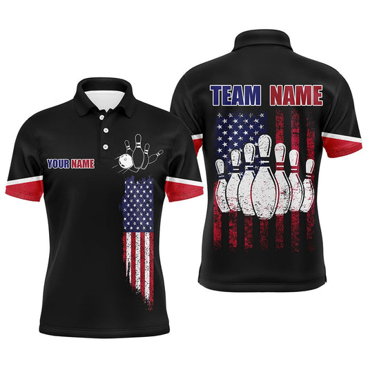 Custom Bowling Polo Shirts, American Flag Bowling Polo Shirt Personalized Bowling Jersey Men Patriotic Bowling Shirt For Team