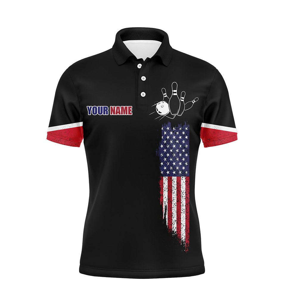 Custom Bowling Polo Shirts, American Flag Bowling Polo Shirt Personalized Bowling Jersey Men Patriotic Bowling Shirt For Team