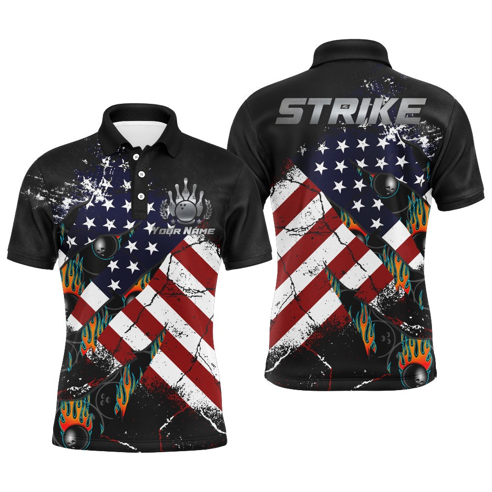 Custom Bowling Polo Shirts, American Flag Bowling Shirt For Men Custom Bowling Jersey Strike Patriot League Bowlers Polo Shirt