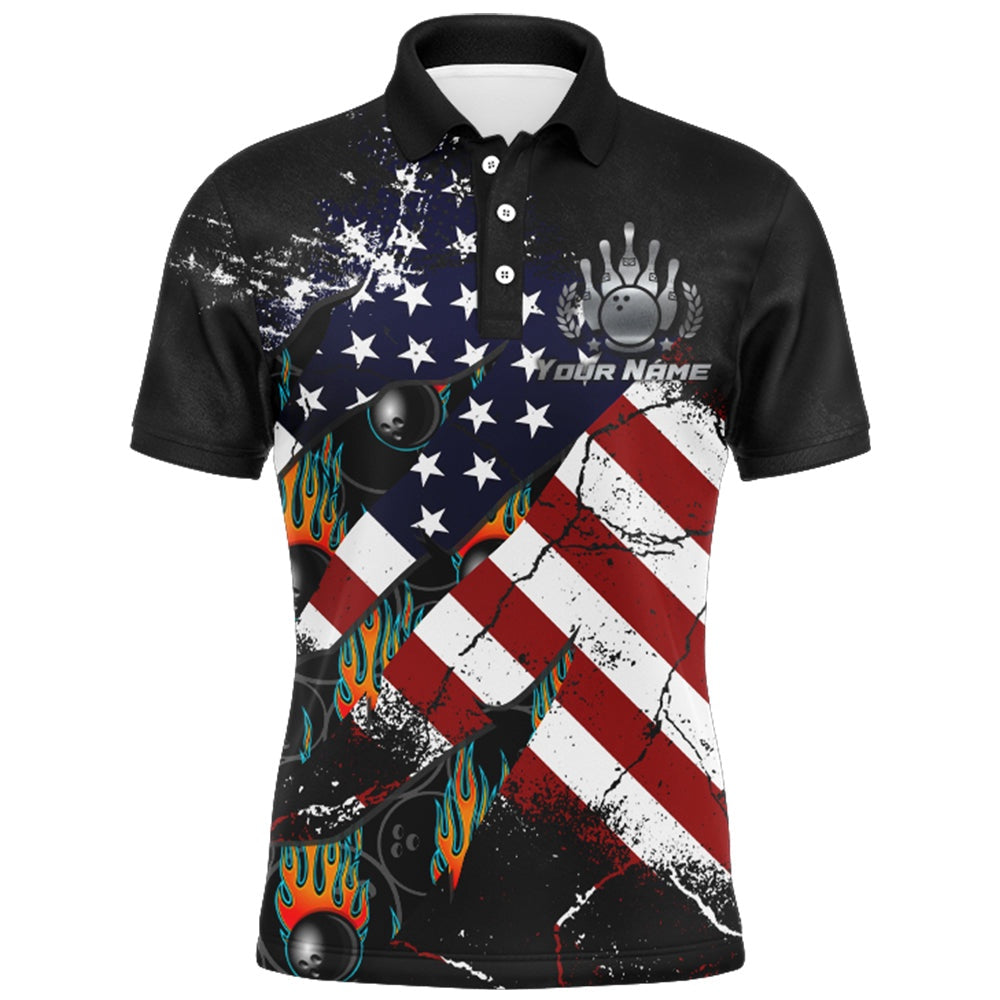 Custom Bowling Polo Shirts, American Flag Bowling Shirt For Men Custom Bowling Jersey Strike Patriot League Bowlers Polo Shirt