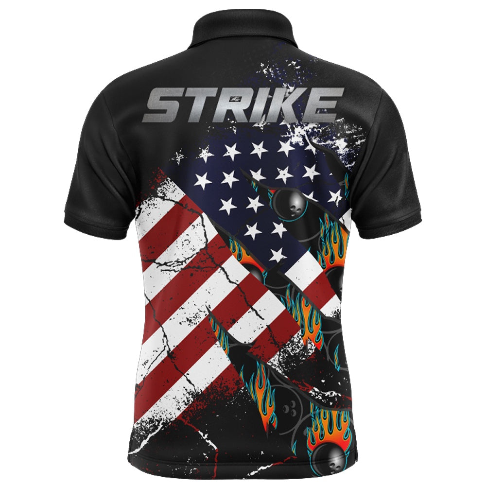 Custom Bowling Polo Shirts, American Flag Bowling Shirt For Men Custom Bowling Jersey Strike Patriot League Bowlers Polo Shirt
