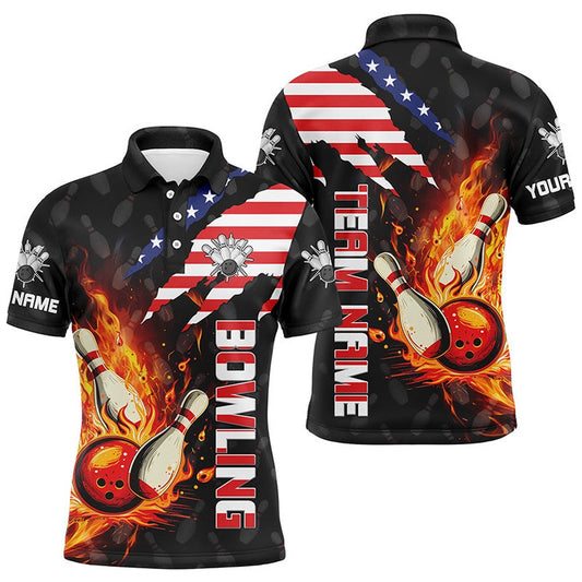 Custom Bowling Polo Shirts, American Flag Bowling Shirt For Men Custom Flame Bowling Polo Shirt, Team Bowling Jerseys