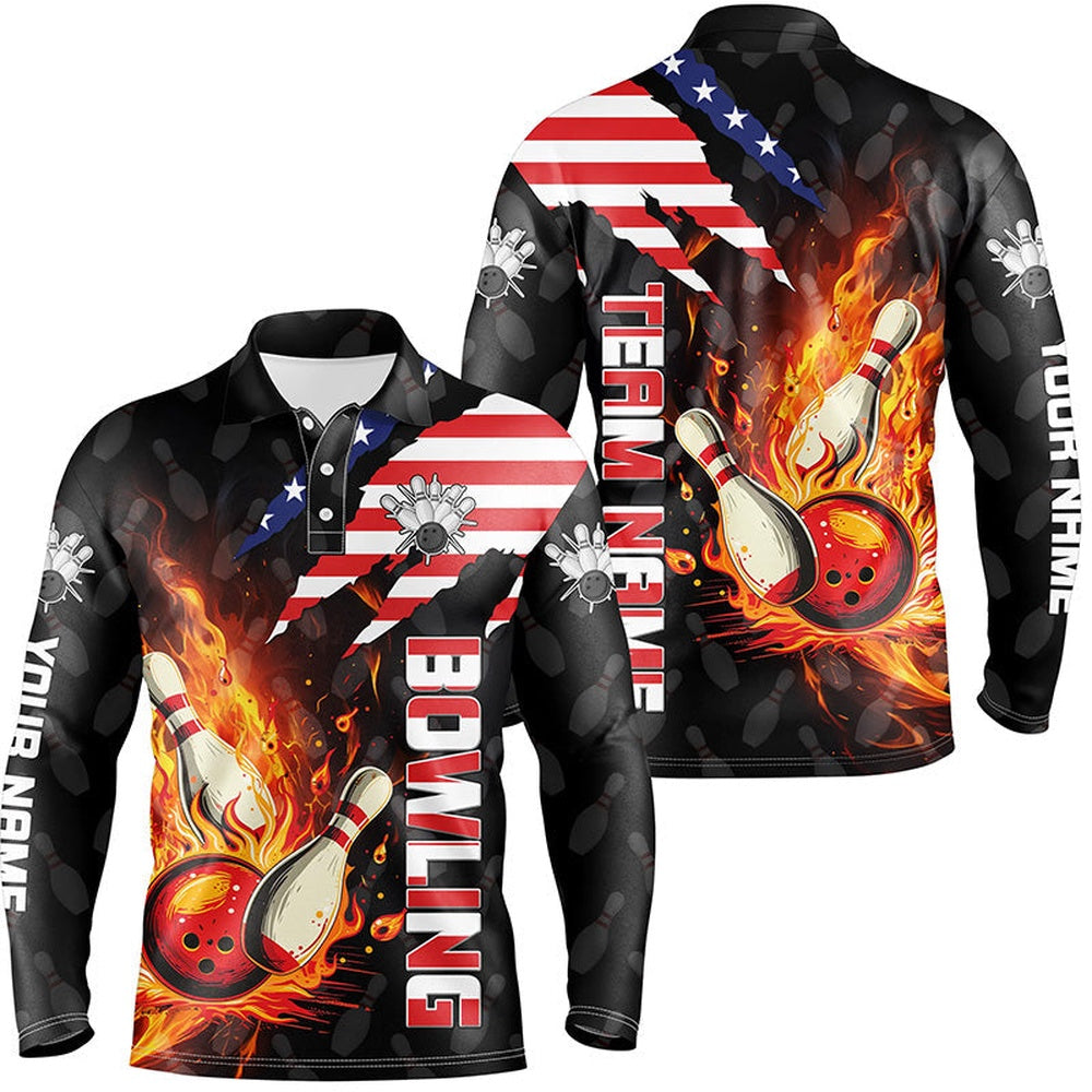 Custom Bowling Polo Shirts, American Flag Bowling Shirt For Men Custom Flame Bowling Polo Shirt, Team Bowling Jerseys