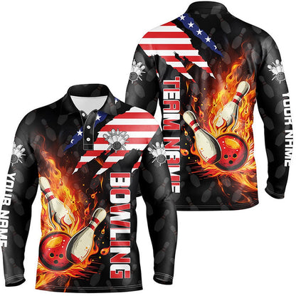 Custom Bowling Polo Shirts, American Flag Bowling Shirt For Men Custom Flame Bowling Polo Shirt, Team Bowling Jerseys