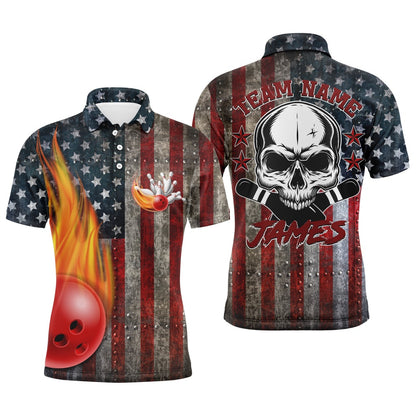 Custom Bowling Polo Shirts, American Flag Bowling Shirt For Men, Custom Polo Bowling Jersey With Names, Skull Patriots Shirt
