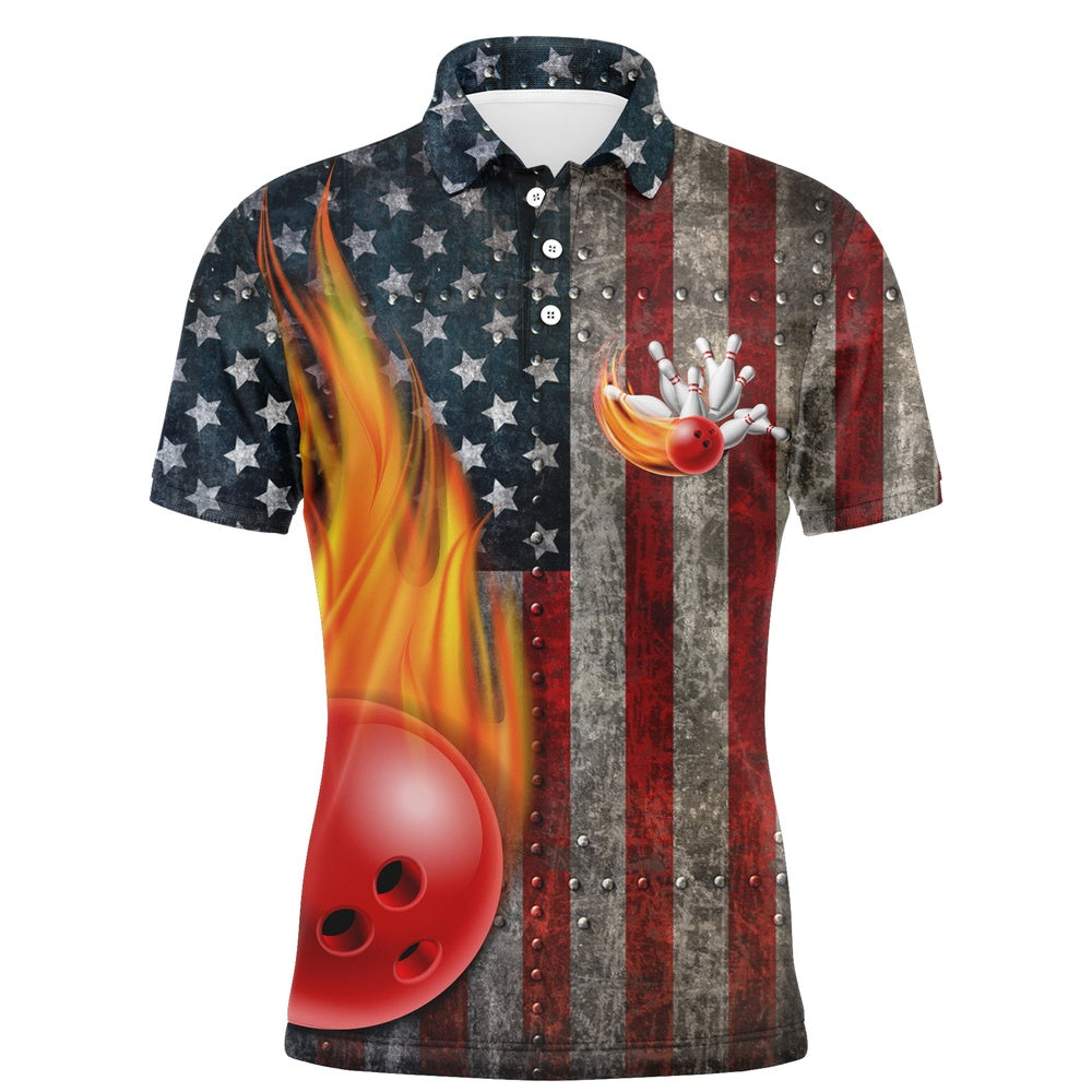Custom Bowling Polo Shirts, American Flag Bowling Shirt For Men, Custom Polo Bowling Jersey With Names, Skull Patriots Shirt