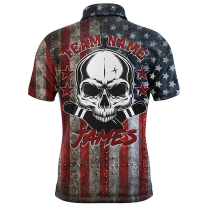 Custom Bowling Polo Shirts, American Flag Bowling Shirt For Men, Custom Polo Bowling Jersey With Names, Skull Patriots Shirt