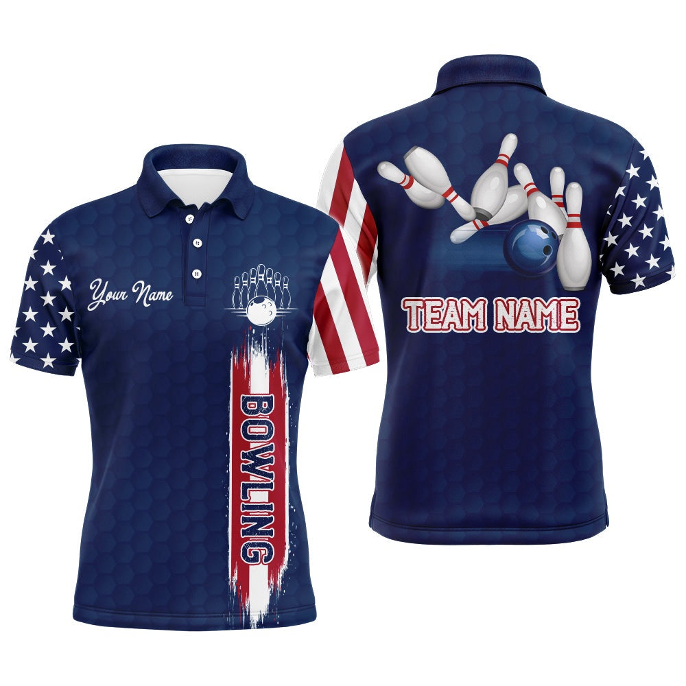 Custom Bowling Polo Shirts, American Flag Bowling Shirt Men Custom Bowling Polo Shirt Team League Bowling Jersey