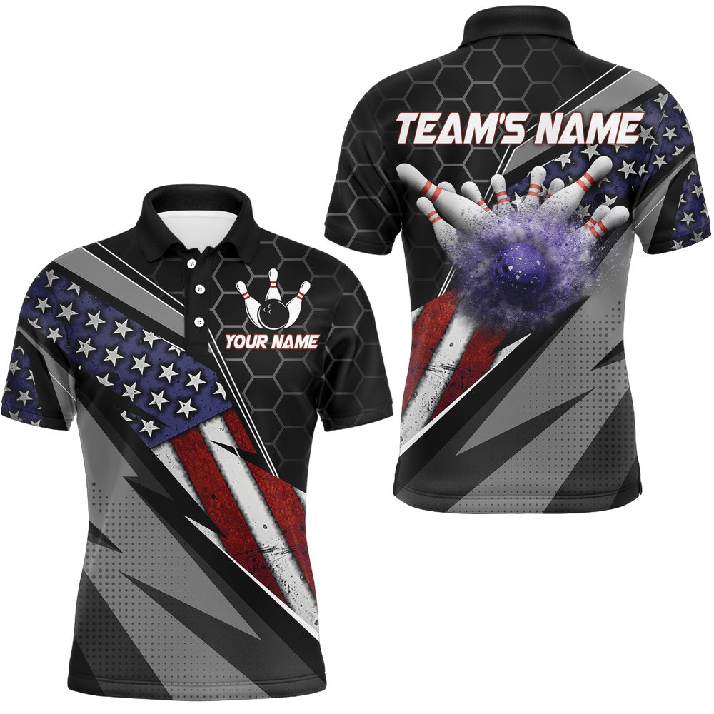 Custom Bowling Polo Shirts, American Flag Bowling Shirt Men Patriotic Bowling Jersey Team Custom Bowling Polo Shirt