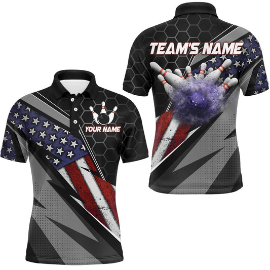 Custom Bowling Polo Shirts, American Flag Bowling Shirt Men Patriotic Bowling Jersey Team Custom Bowling Polo Shirt