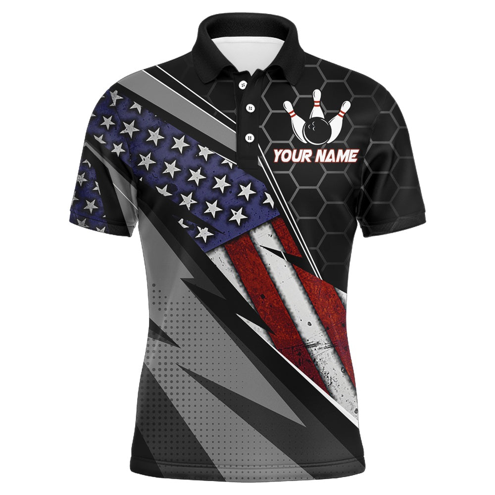 Custom Bowling Polo Shirts, American Flag Bowling Shirt Men Patriotic Bowling Jersey Team Custom Bowling Polo Shirt
