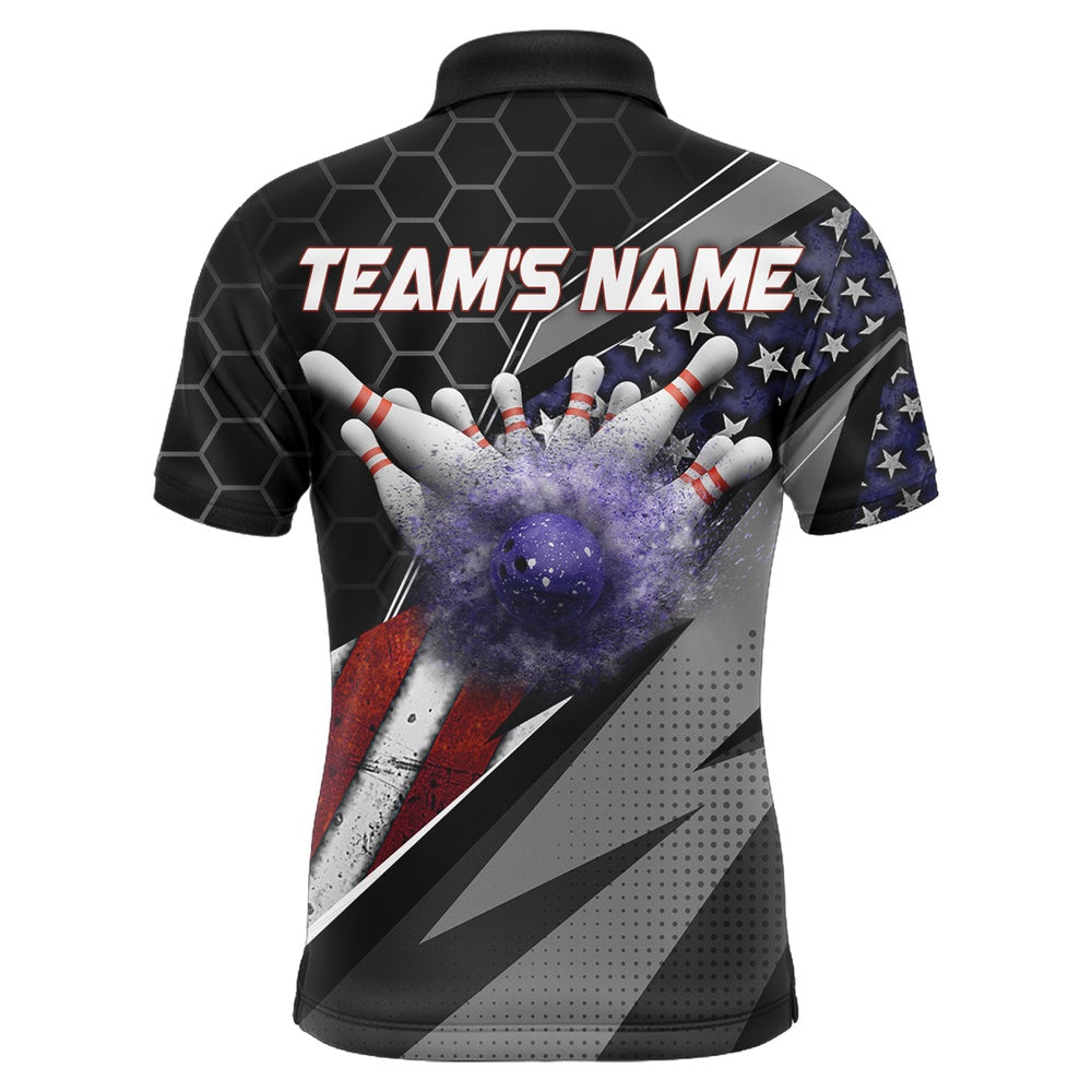 Custom Bowling Polo Shirts, American Flag Bowling Shirt Men Patriotic Bowling Jersey Team Custom Bowling Polo Shirt