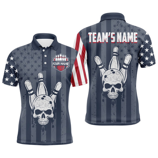 Custom Bowling Polo Shirts, American Flag Bowling Shirt Men Skull Bowling Jersey Team Custom Bowling Polo Shirt