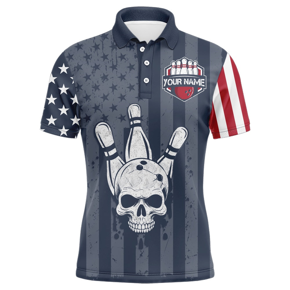 Custom Bowling Polo Shirts, American Flag Bowling Shirt Men Skull Bowling Jersey Team Custom Bowling Polo Shirt