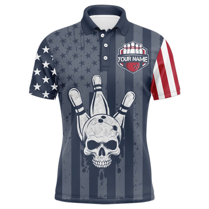 Custom Bowling Polo Shirts, American Flag Bowling Shirt Men Skull Bowling Jersey Team Custom Bowling Polo Shirt