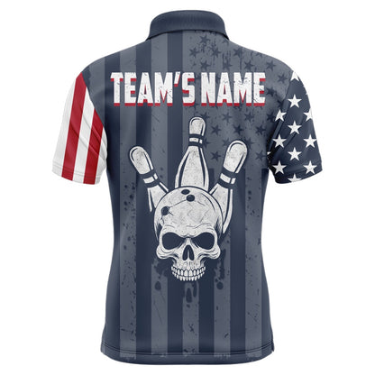 Custom Bowling Polo Shirts, American Flag Bowling Shirt Men Skull Bowling Jersey Team Custom Bowling Polo Shirt