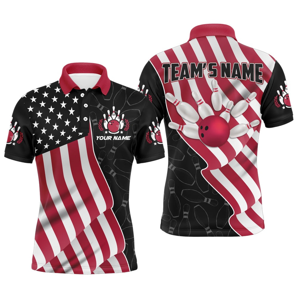 Custom Bowling Polo Shirts, American Flag Bowling Shirts Men Team Bowling Jersey Custom Black Bowling Polo Shirt