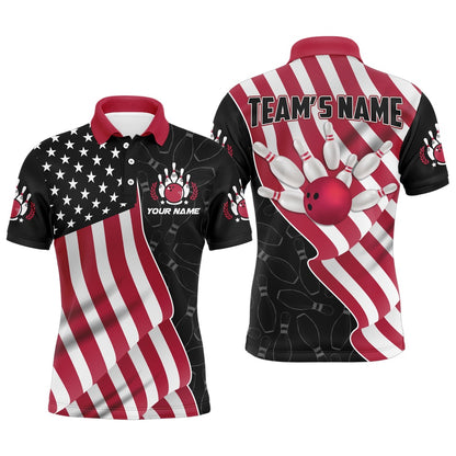 Custom Bowling Polo Shirts, American Flag Bowling Shirts Men Team Bowling Jersey Custom Black Bowling Polo Shirt