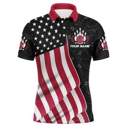 Custom Bowling Polo Shirts, American Flag Bowling Shirts Men Team Bowling Jersey Custom Black Bowling Polo Shirt