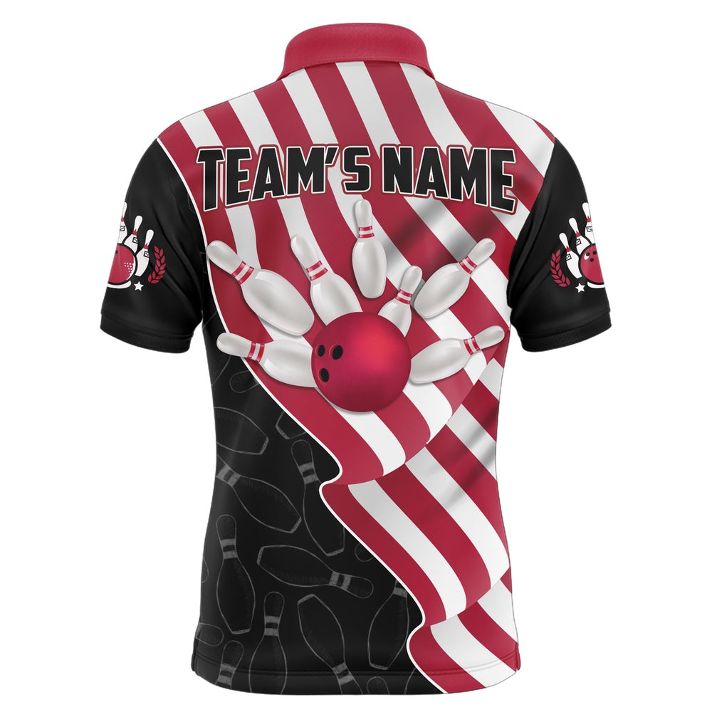 Custom Bowling Polo Shirts, American Flag Bowling Shirts Men Team Bowling Jersey Custom Black Bowling Polo Shirt