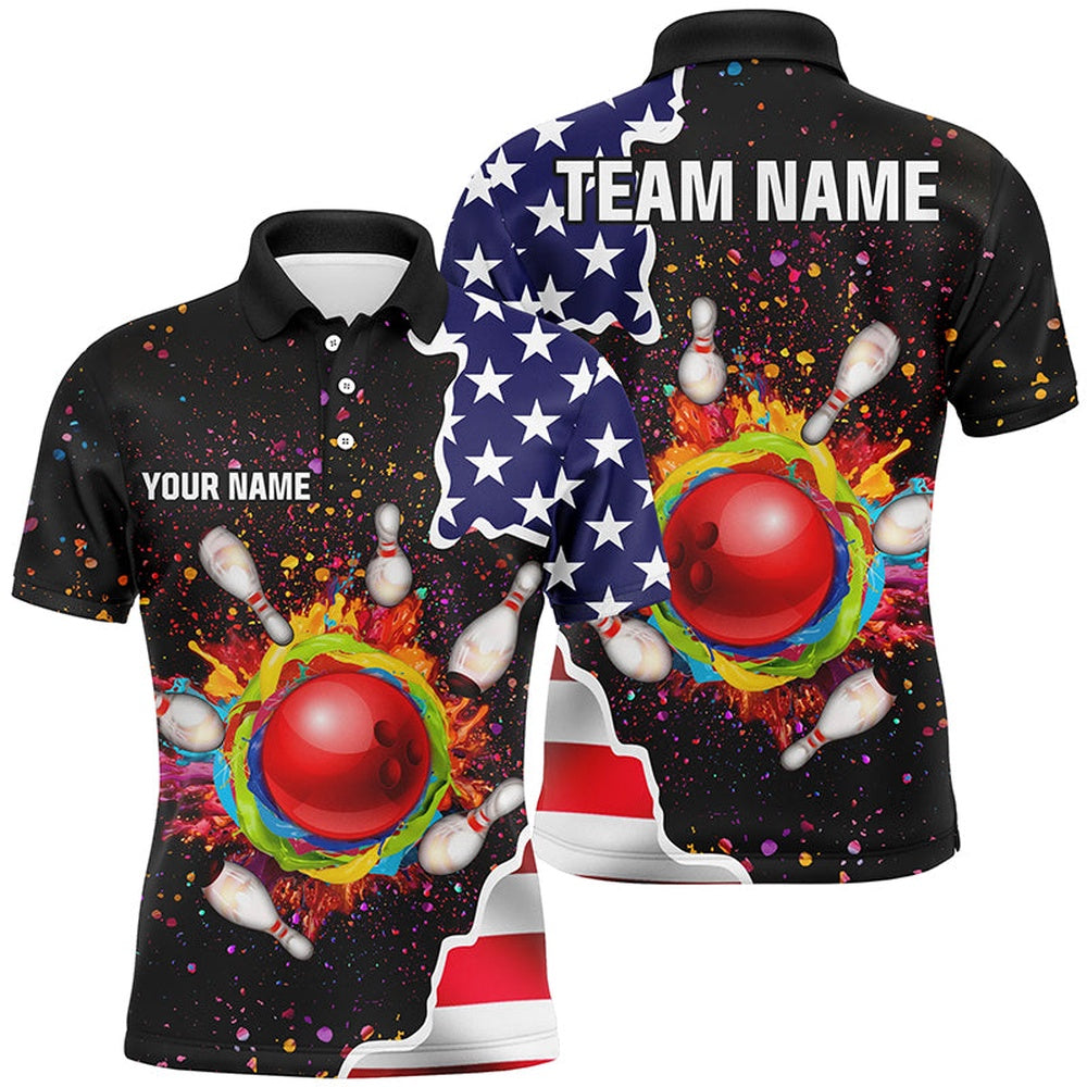 Custom Bowling Polo Shirts, American Flag Colorful Painted Bowling Ball Pins Custom Team League Jersey Bowling Polo Shirts For Men