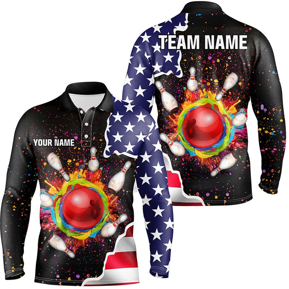 Custom Bowling Polo Shirts, American Flag Colorful Painted Bowling Ball Pins Custom Team League Jersey Bowling Polo Shirts For Men