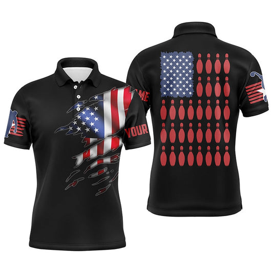 Custom Bowling Polo Shirts, American Flag Custom Bowling Shirts For Men, Personalized Patriotic Bowling Gifts