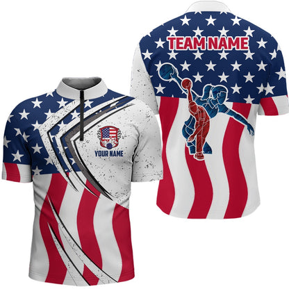 Custom Bowling Polo Shirts, American Flag Custom Bowling Team Polo Shirts For Men, Patriotic Bowling Jerseys For Bowlers