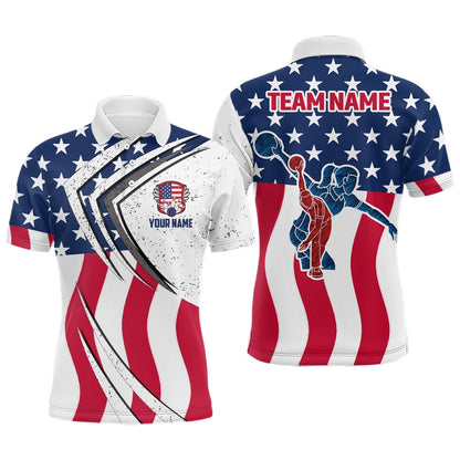 Custom Bowling Polo Shirts, American Flag Custom Bowling Team Polo Shirts For Men, Patriotic Bowling Jerseys For Bowlers