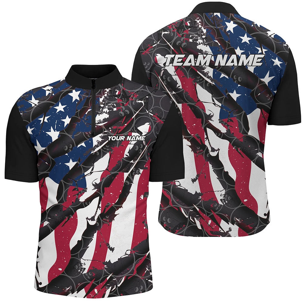 Custom Bowling Polo Shirts, American Flag Custom Bowling Team Shirts For Men And Women, Patriotic Bowling Team Jerseys