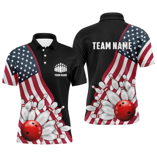 Custom Bowling Polo Shirts, American Flag Custom Men'S Bowling Polo Shirts, Patriotic Strike Bowling Team Jerseys