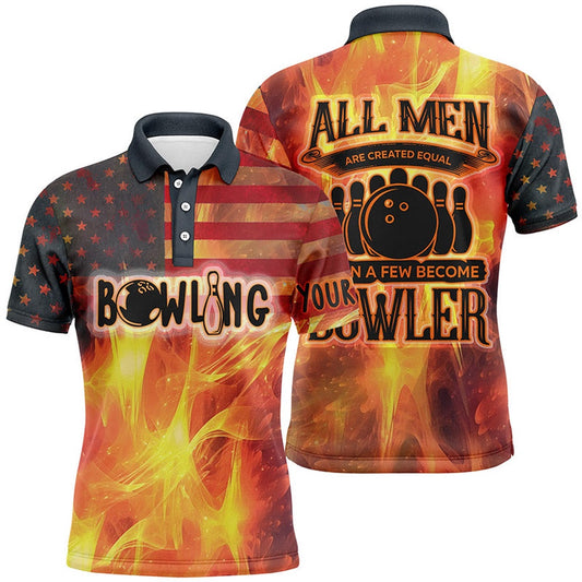Custom Bowling Polo Shirts, American Flag Flame Bowling Custom Polo Shirts For Men All Men Created Equal Then A Few Become Bowler