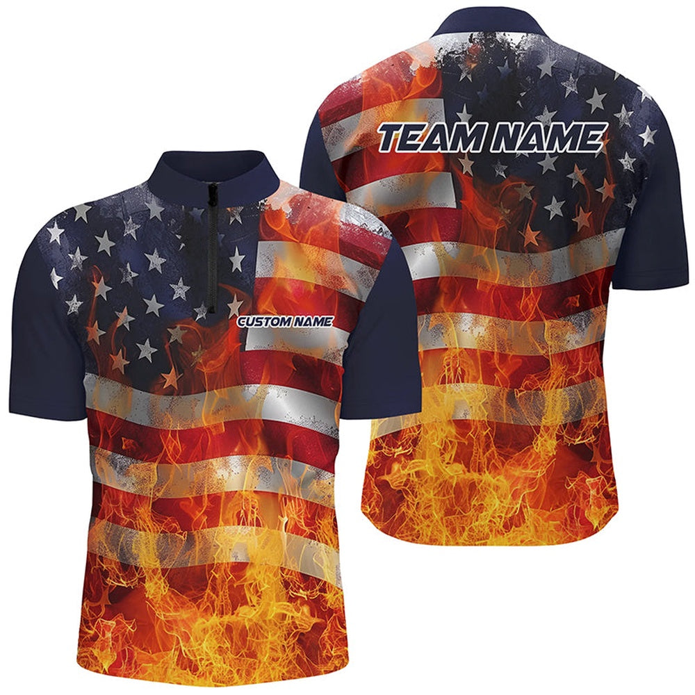 Custom Bowling Polo Shirts, American Flag Flame Custom Unisex Bowling Team Shirts, Patriotic Bowling Team Jerseys