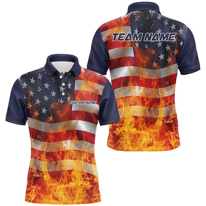 Custom Bowling Polo Shirts, American Flag Flame Custom Unisex Bowling Team Shirts, Patriotic Bowling Team Jerseys