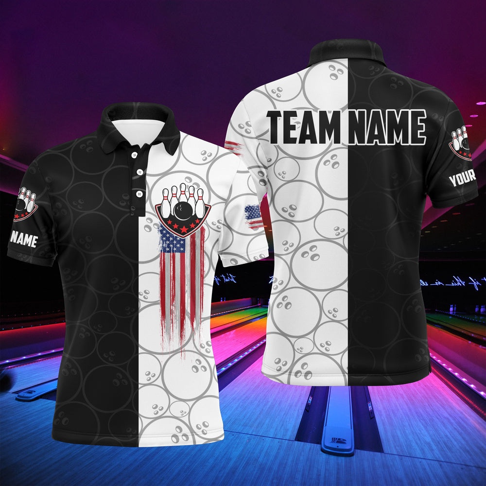 Custom Bowling Polo Shirts, American Flag Men Polo Bowling Shirt Personalized Patriotic Bowlers Custom Team Short Sleeves Jersey