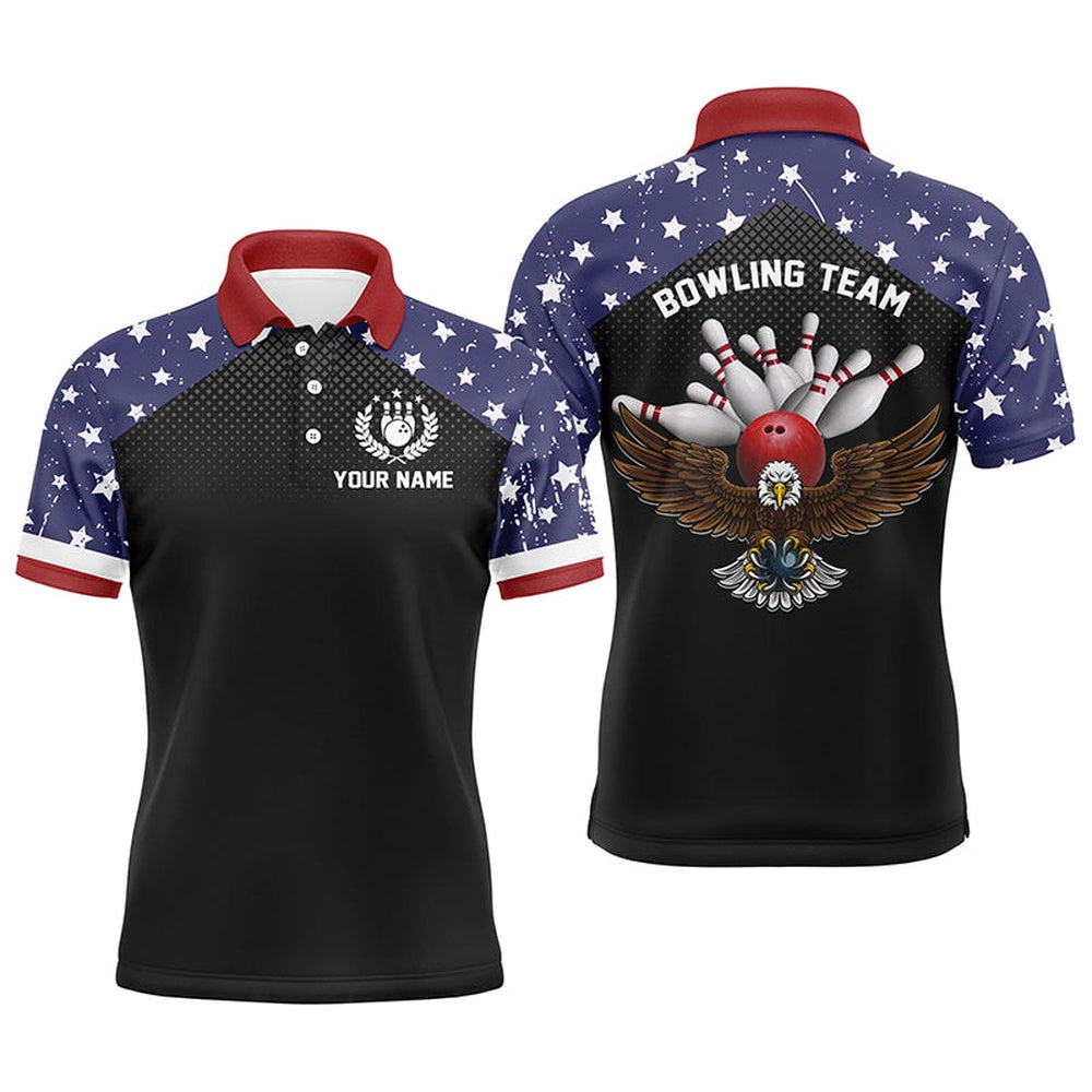 Custom Bowling Polo Shirts, American Flag Patriot Vintage Bowling Polo Shirts Custom Name And Team Name Bowling Team Shirts Jersey