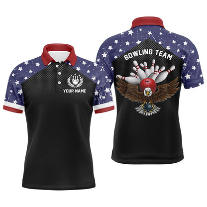Custom Bowling Polo Shirts, American Flag Patriot Vintage Bowling Polo Shirts Custom Name And Team Name Bowling Team Shirts Jersey