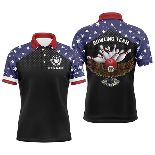 Custom Bowling Polo Shirts, American Flag Patriot Vintage Bowling Polo Shirts Custom Name And Team Name Bowling Team Shirts Jersey